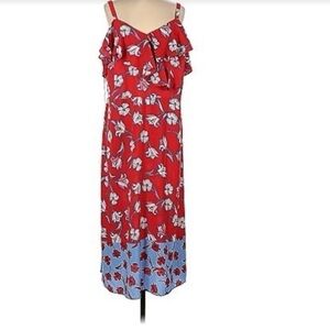 London Times Red Dress with Blue and White Floral Design